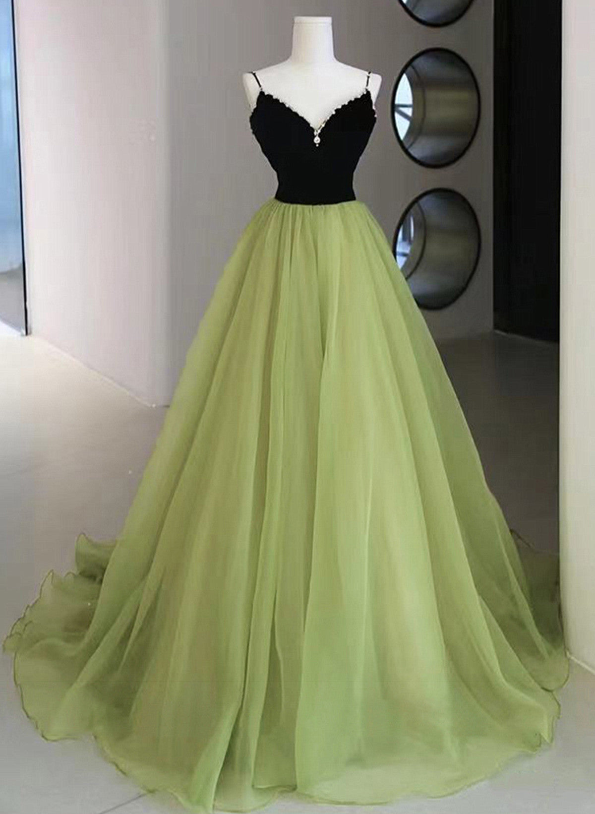 Light Green and Black Beaded Straps Long Party Dress, Green Tulle Evening Dress Prom Dress US Size 22w / Green and Black