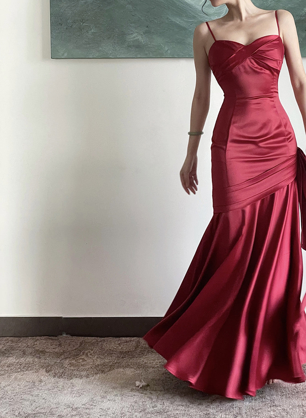 Wine Red Straps A-line Long Prom Dress Party Dress, Wine Red Satin Evening Dress main image 0