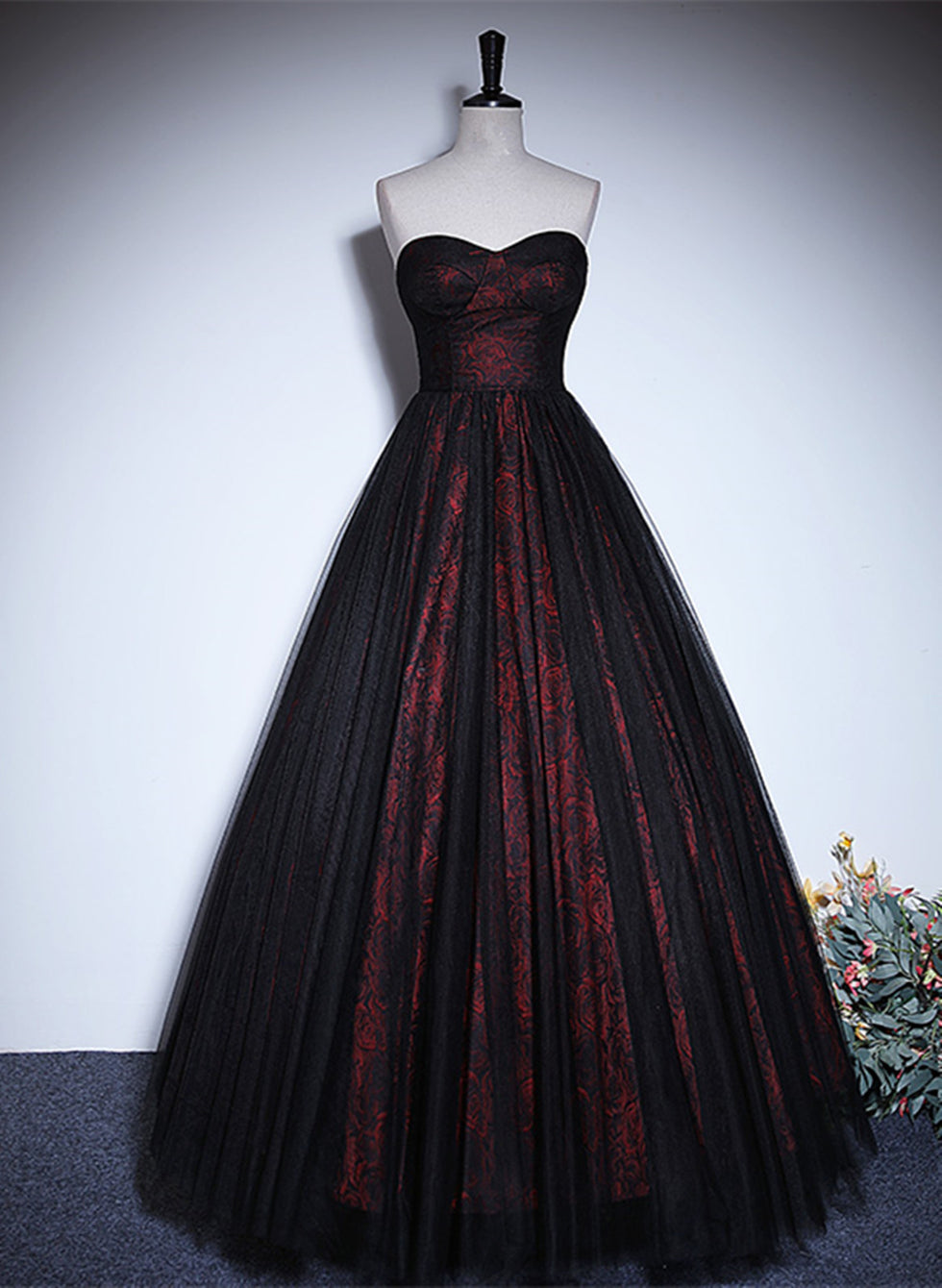 A-line Black and Red Lace Sweetheart Evening Dress, Black and Red Prom