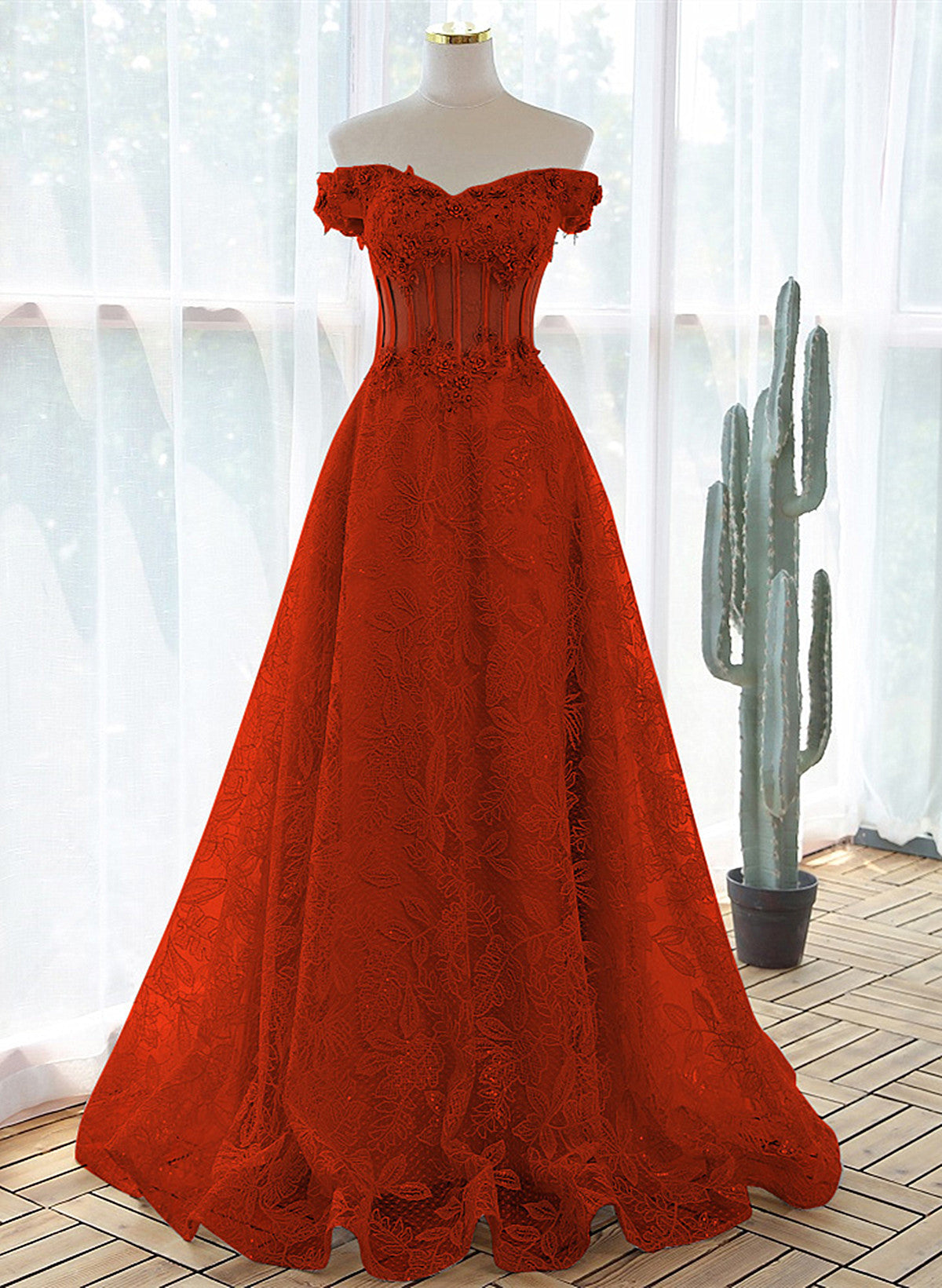 A-Line Red Lace Off Shoulder Sweetheart Prom Dress, Red Lace Evening Dress US Size 8 / Custom Color