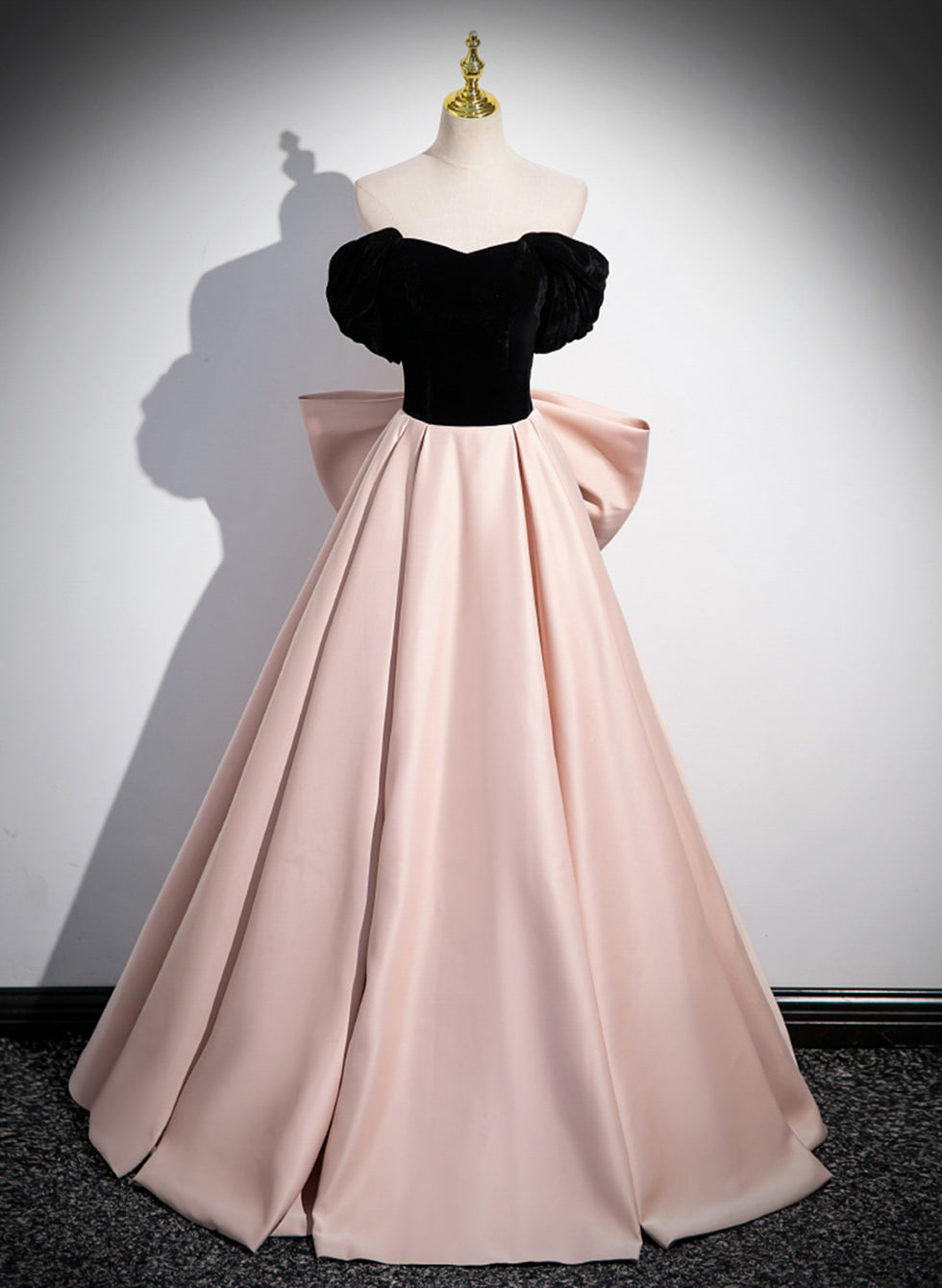 Pink and Black Off Shoulder Long Party Dress with Bow, Pink Long Eveni
