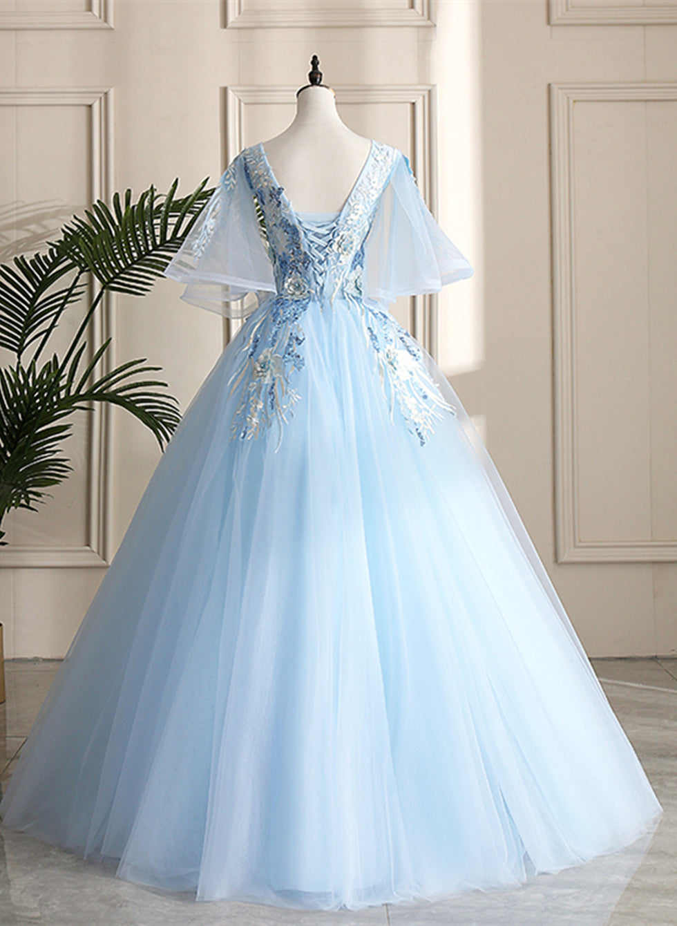 Light Blue Ball Gown V-neckline Puffy Sleeves Party Dress, Light Blue