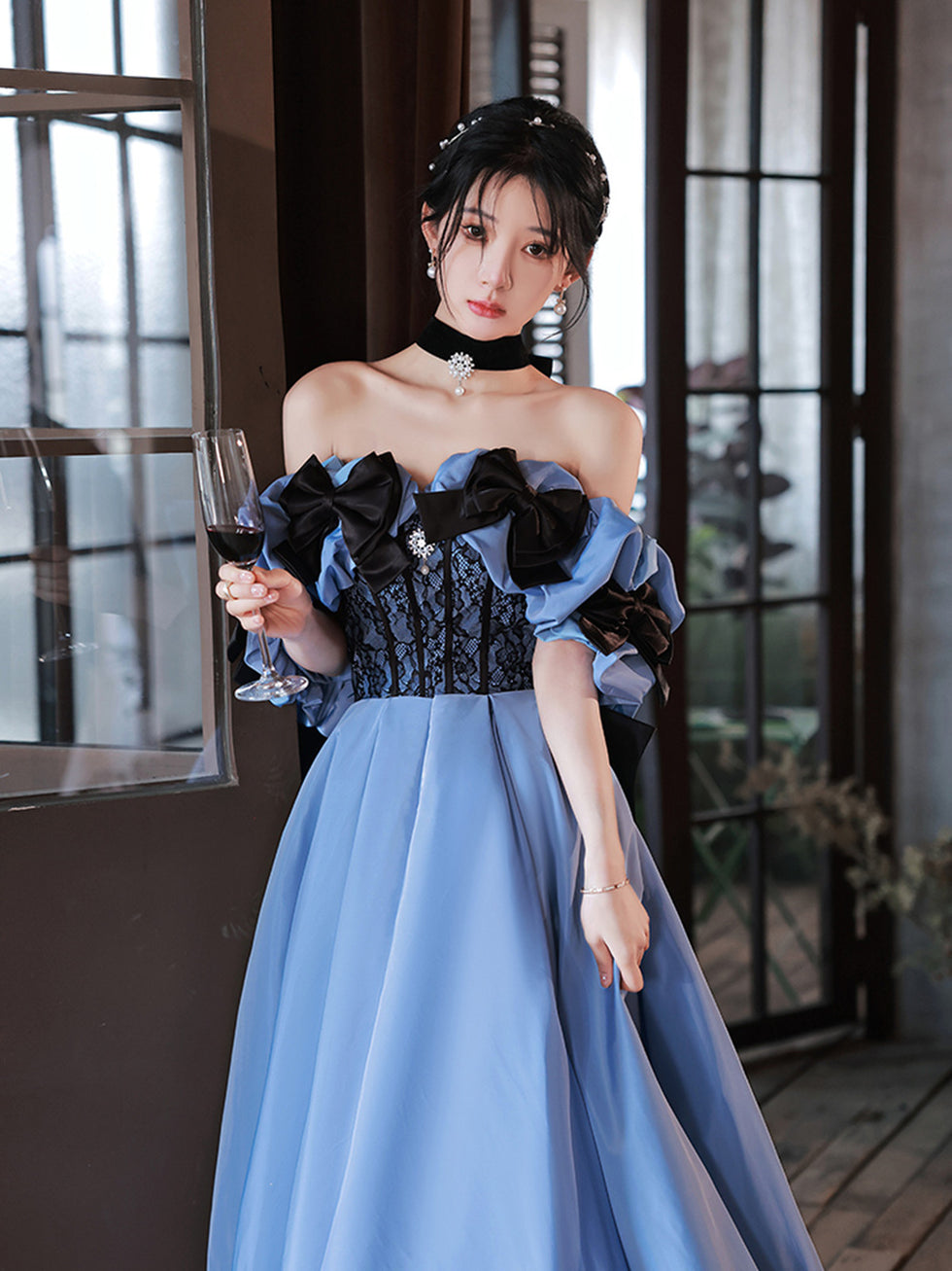 Pretty Strapless Blue Satin Print Floral Lace Birthday Dress A Line Short Vacation Dress