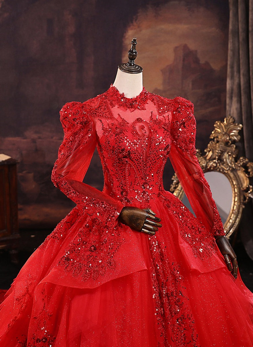 Red Tulle Ball Gown Long Sleeves Sequins Wedding Party Dress, Red Tull