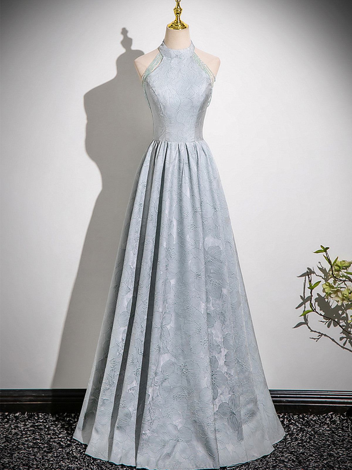 A-line Sliver-Grey Floor Length Satin Prom Dress, A-line Halter Evening Dress Prom Dress US 18W / Silver