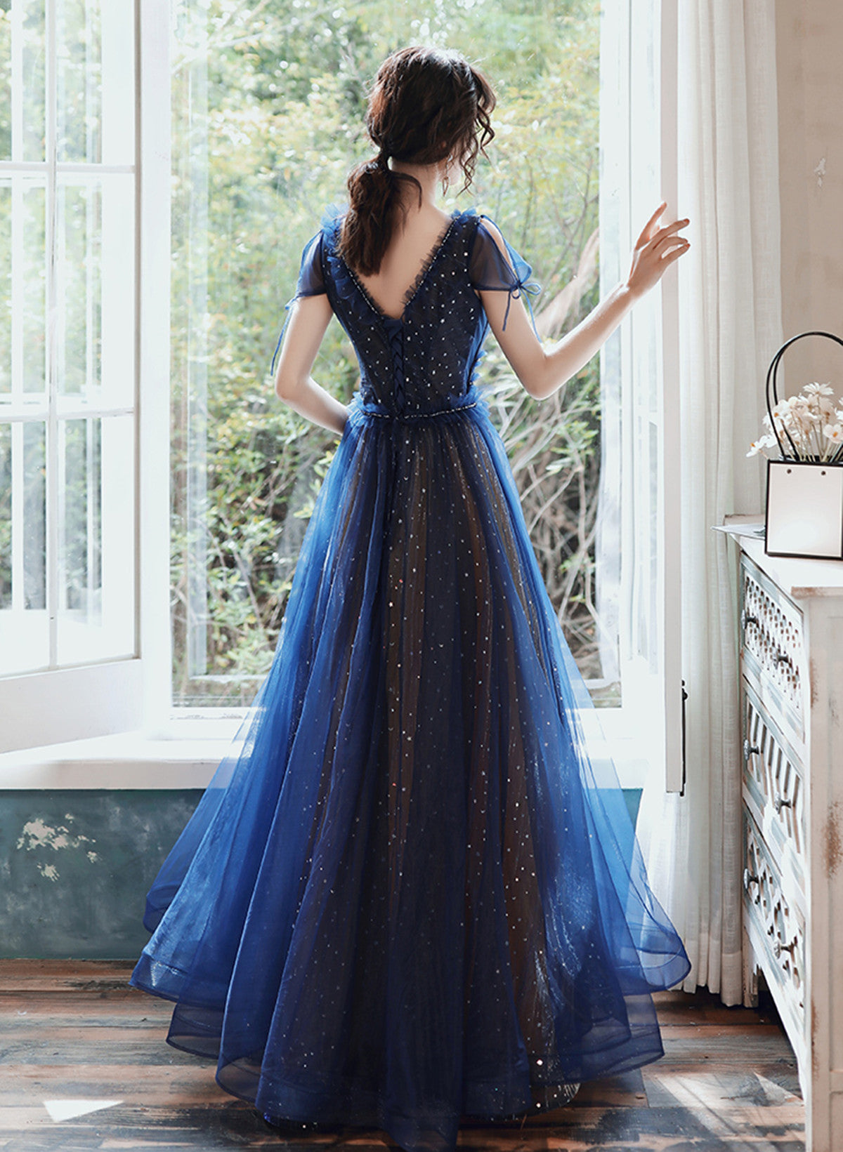 Navy Blue A-line Short Sleeves V-neckline Party Dress, Navy Blue Prom ...