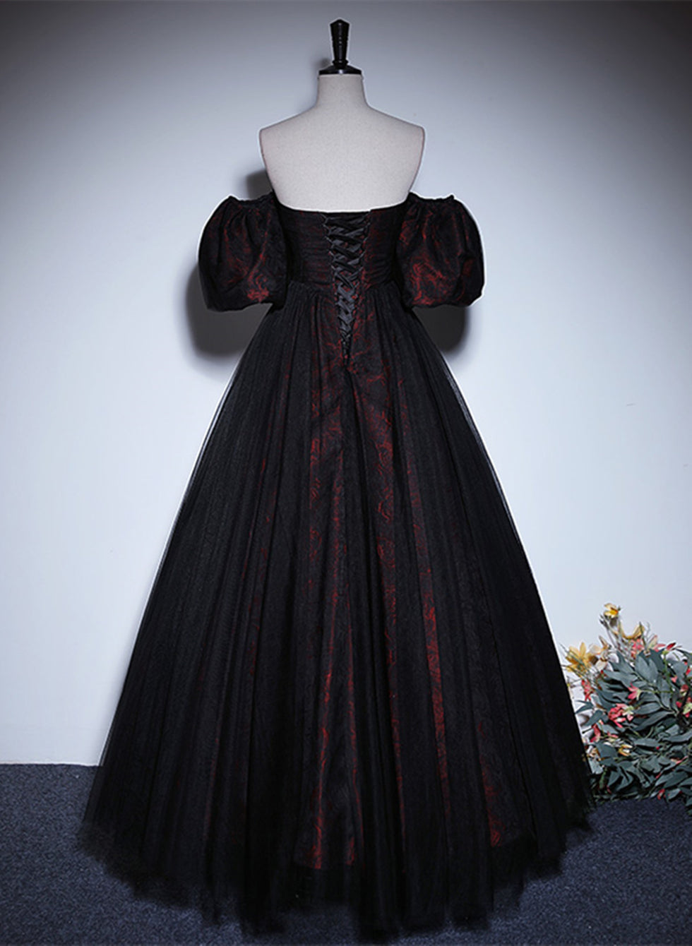 A-line Black and Red Lace Sweetheart Evening Dress, Black and Red Prom