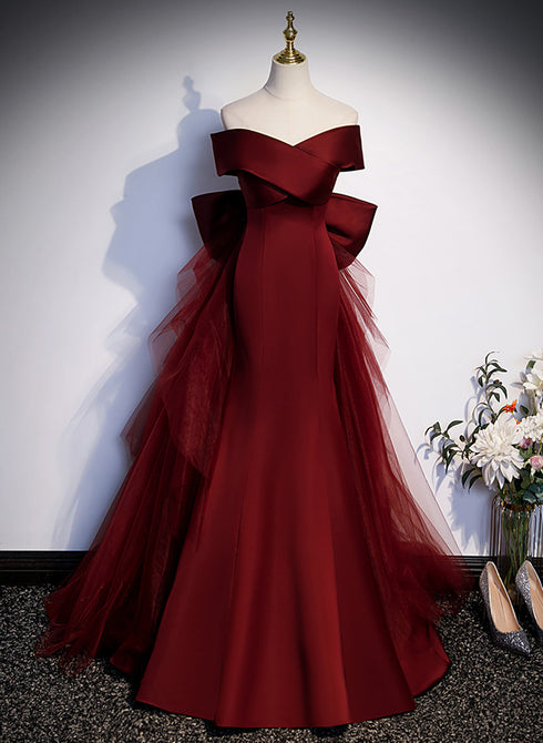 Wine Red Velvet Mermaid Off Shoulder Bridesmaid Dress, Wine Red Long Prom Dress