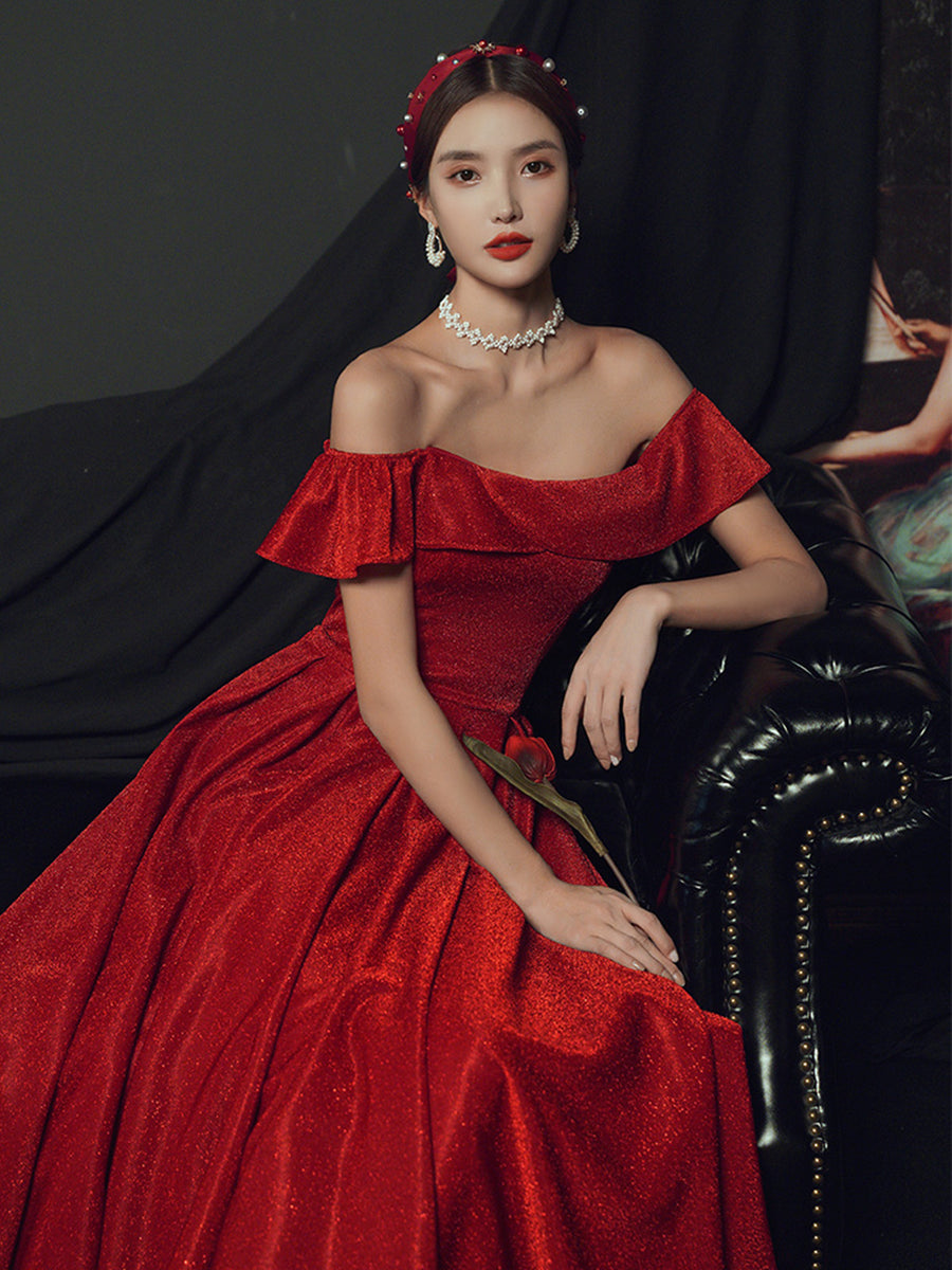 Red A-line Folded Neck Long Sleeves Maxi Formal Dress