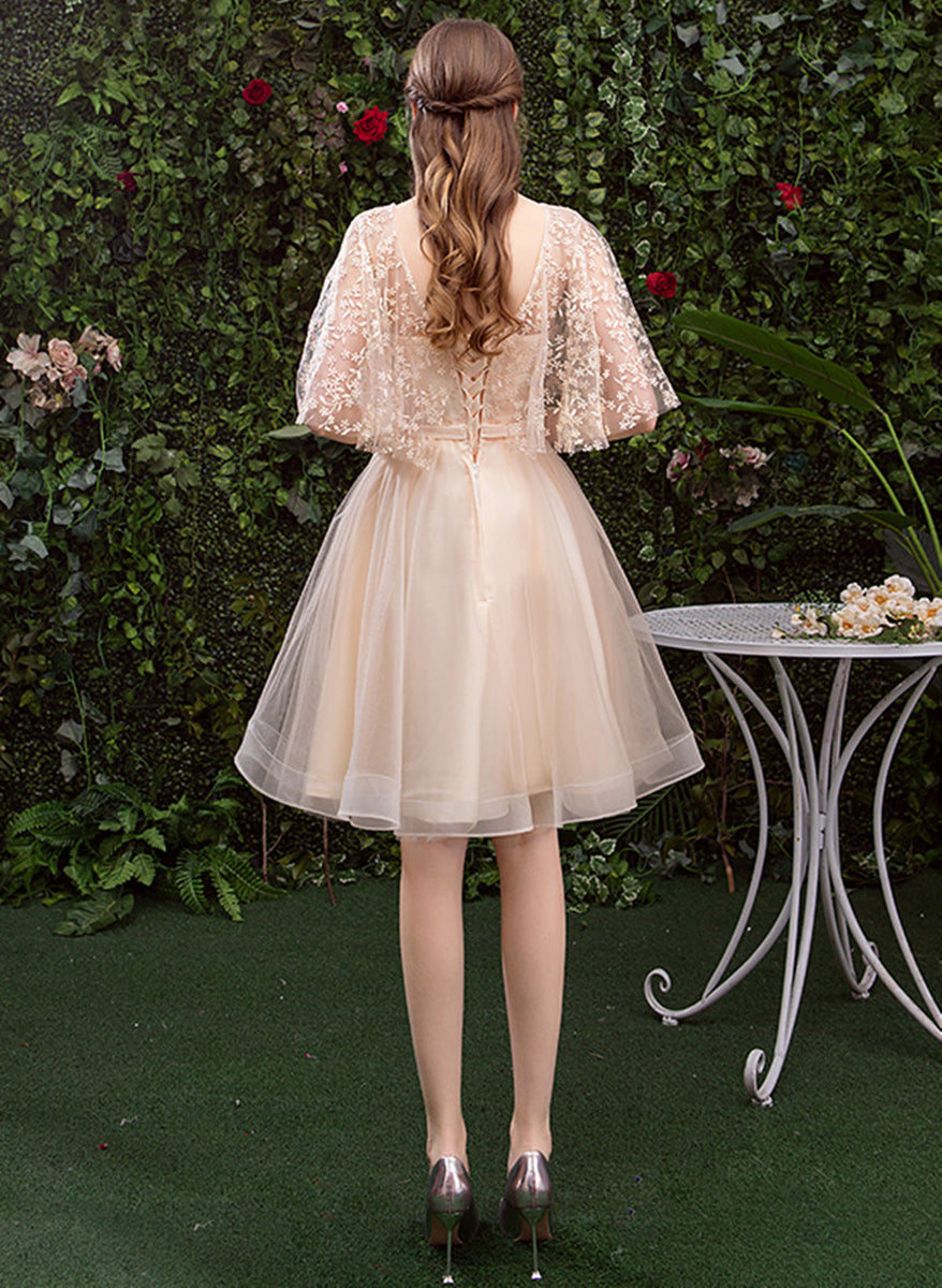 Light Champagne Short Tulle with Lace Party Dress, Tulle Homecoming Dr