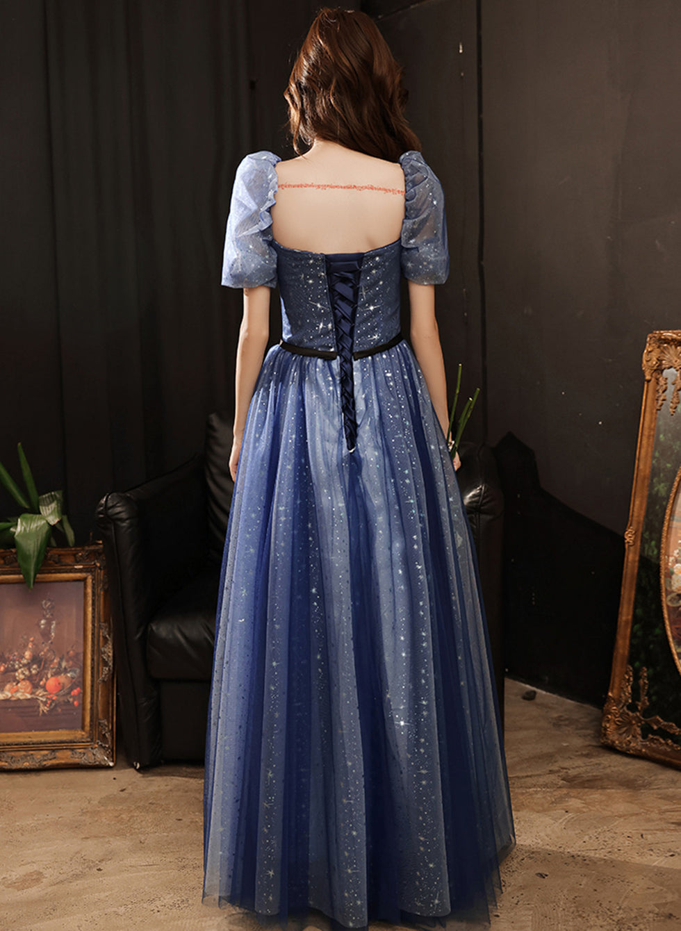 Retro Navy Blue A Line Tulle Rose Floral Long Party Dress Evening Dress D1374 main image 0