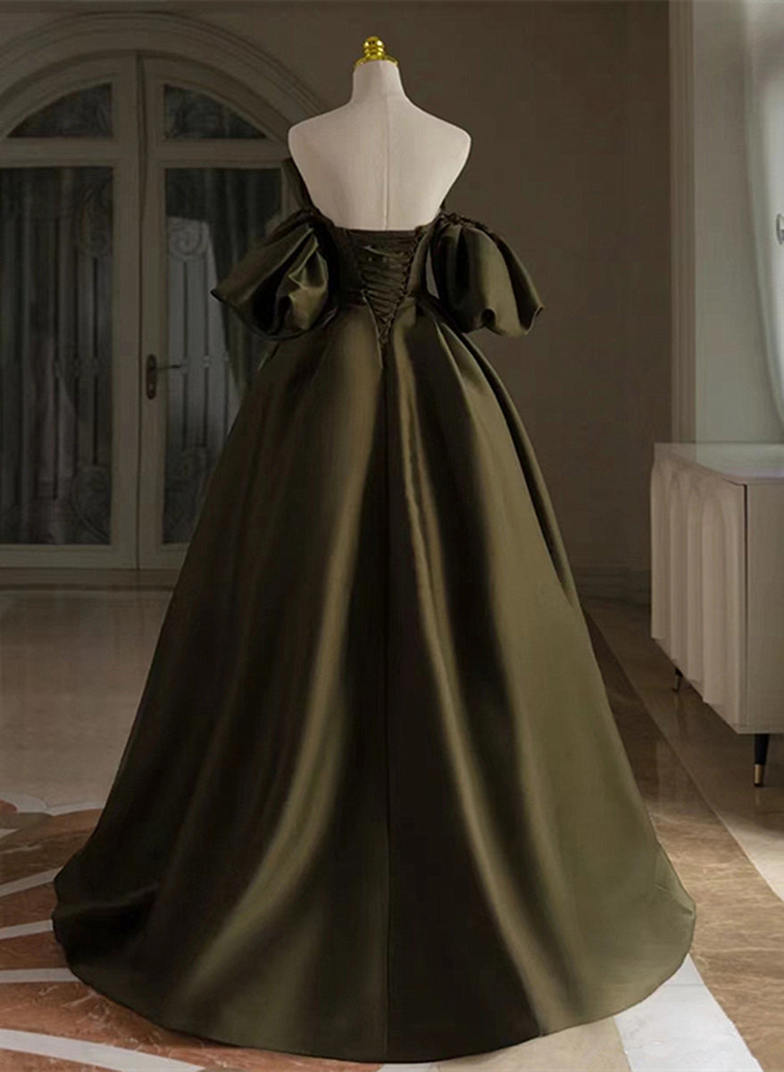 Green Satin Off Shoulder A-line Prom Dress Party Dress, Green Satin Long Evening Dress