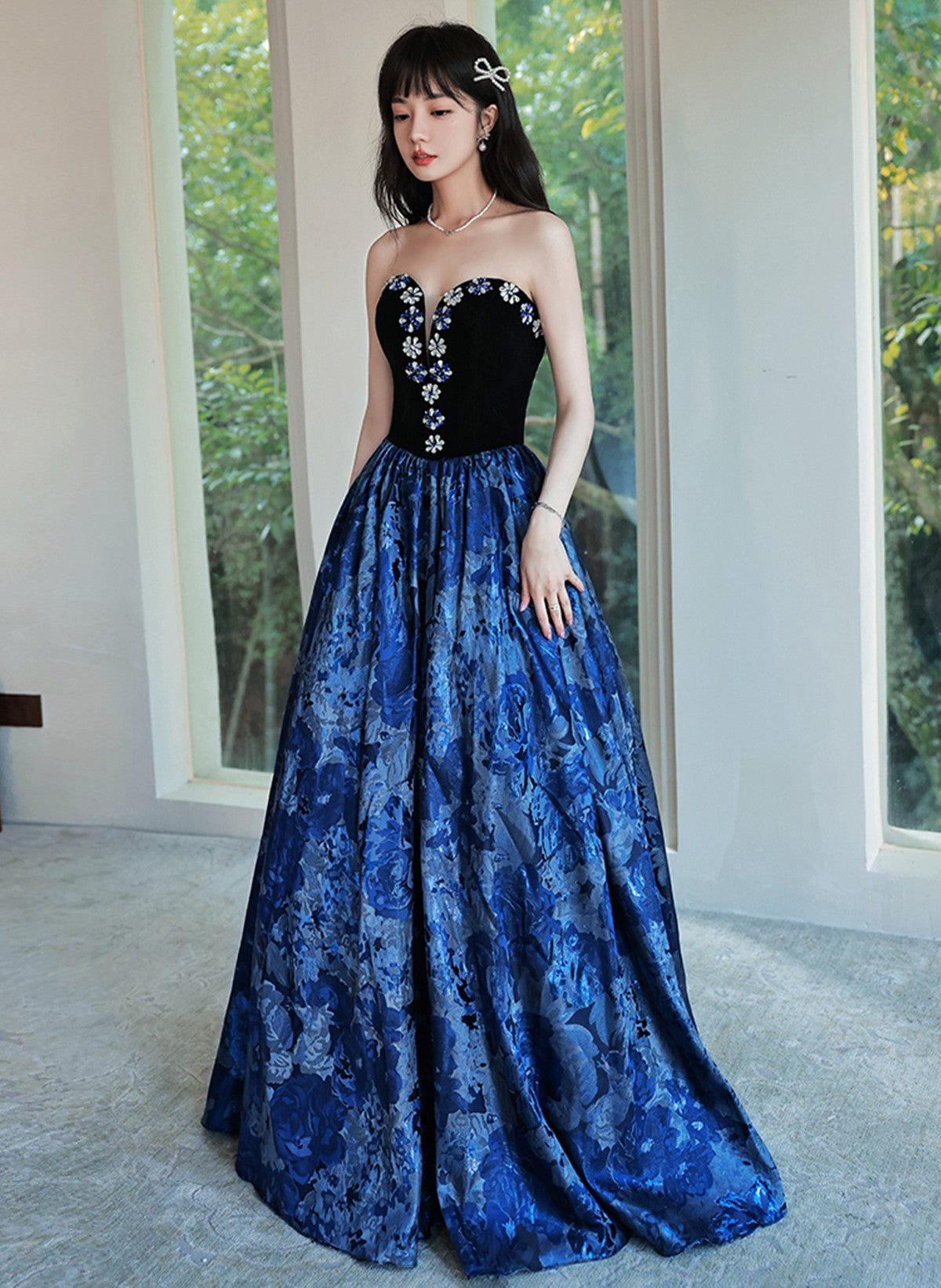 Blue Floral Satin Sweetheart Floor Length Party Dress, Blue Satin Even