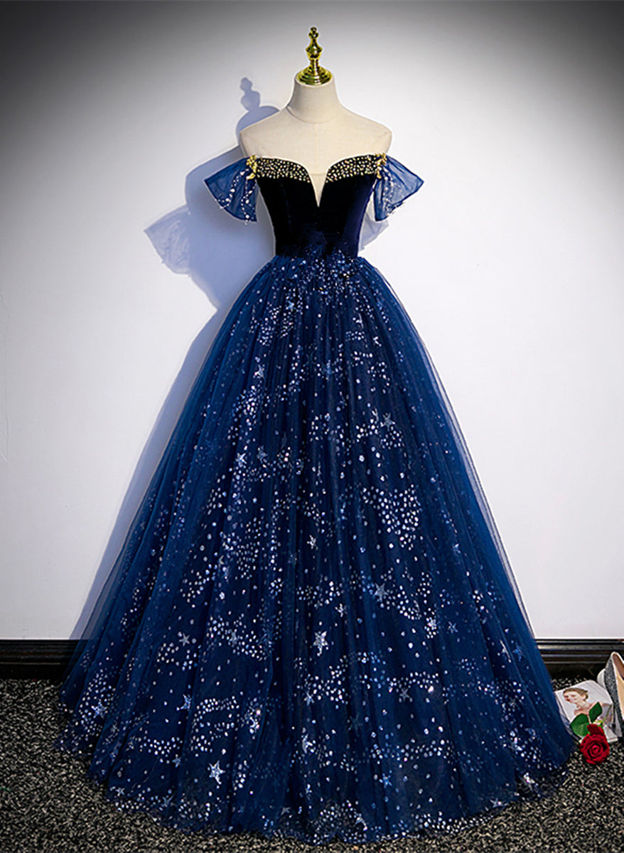 Retro Navy Blue A Line Tulle Rose Floral Long Party Dress Evening Dress main image 1