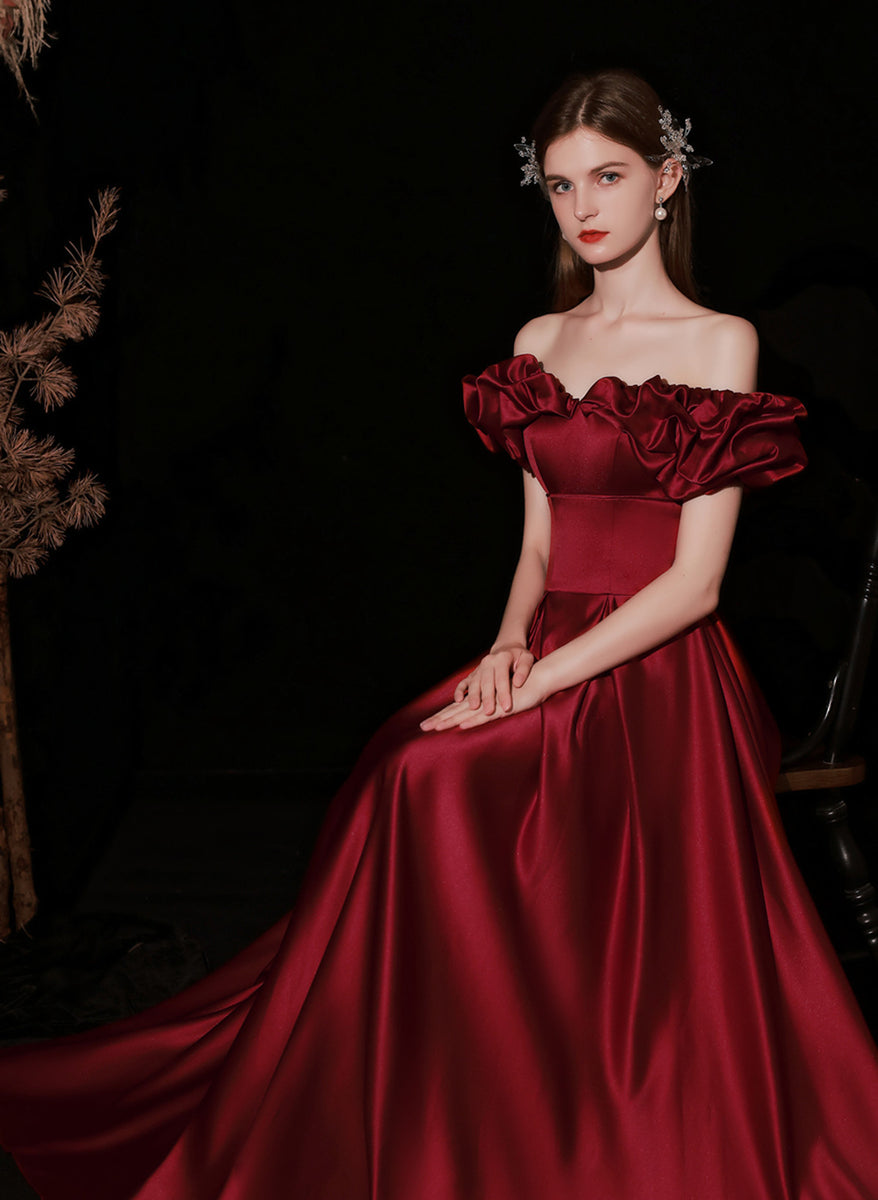 Wine Red Satin and Velvet Long Party Dress, Long Sleeves Evening Dress, Formal Dress main image 1