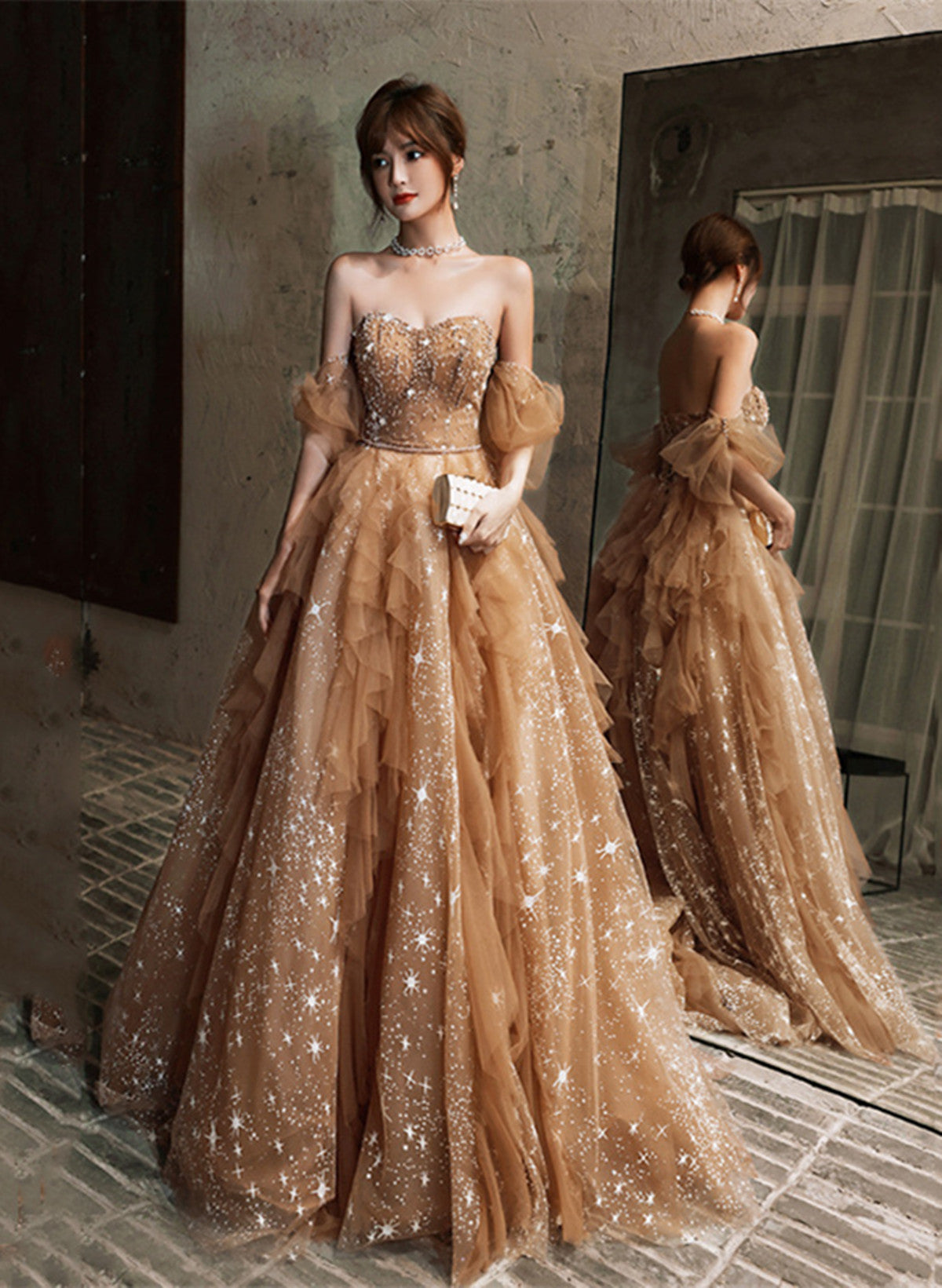 Gorgeous Off Shoulder Beaded Champagne Long Prom Dresses, Shiny Champagne Formal Evening Dresses, US 2 / Custom Color / With Rush+$19.99