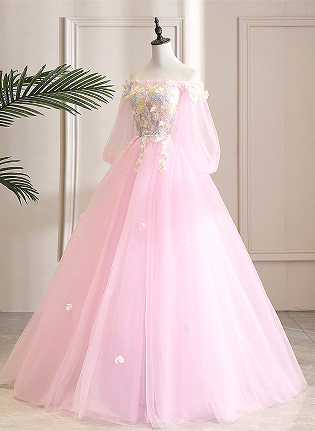 Charming Pink Applique Tulle Ball Gown,Pink Sweet 16 Dress Y5881 main image 1