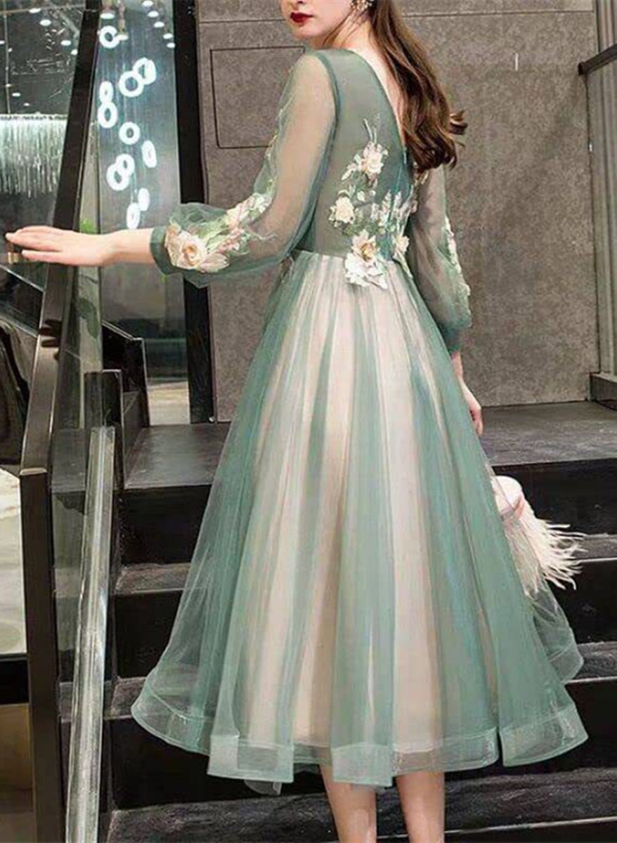 Green Floral Long Sleeves Tea Length Party Dress, Green Bridesmaid Dre