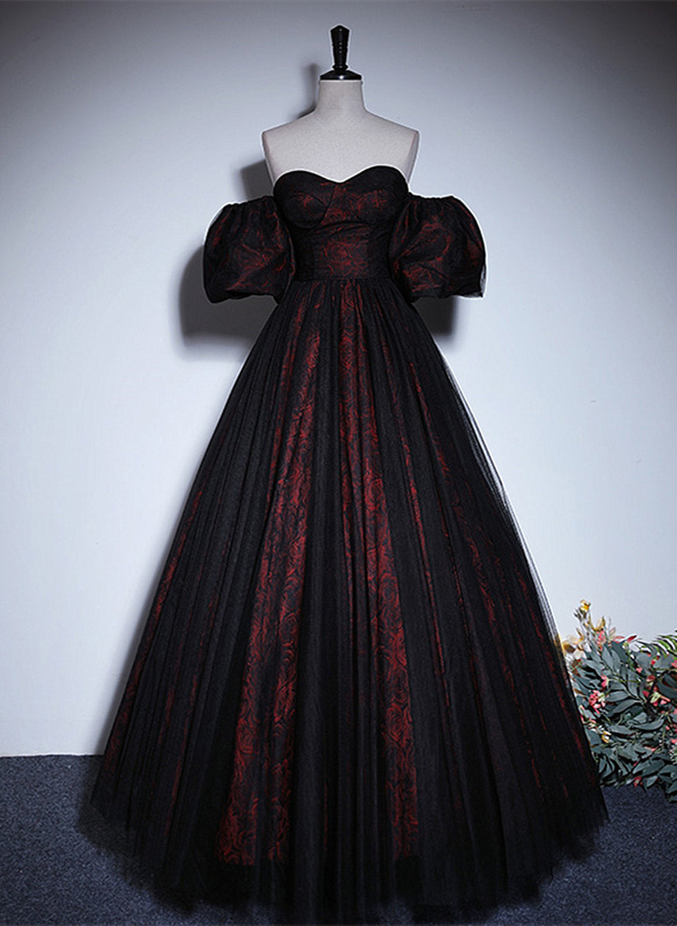 A-line Black and Red Lace Sweetheart Evening Dress, Black and Red Prom