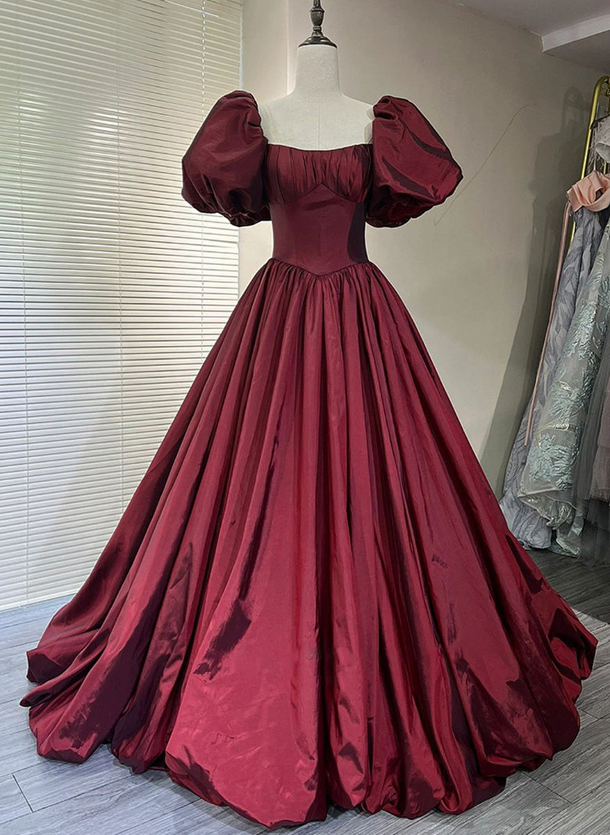 Wine Red Short Sleeves Velvet Long Formal Dress, Wine Red Evening Dress Formal Prom Dress