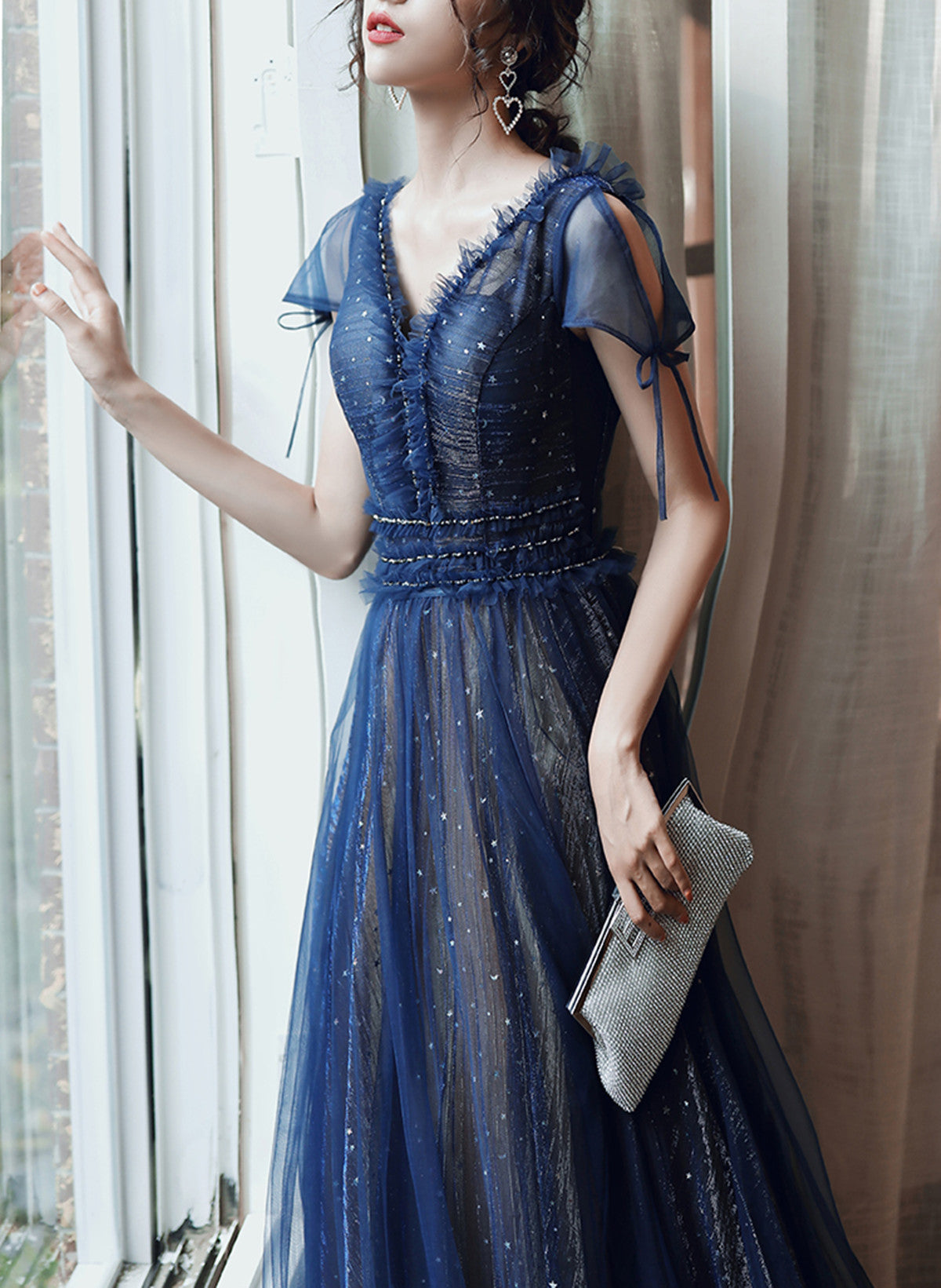 Navy Blue A-line Short Sleeves V-neckline Party Dress, Navy Blue Prom