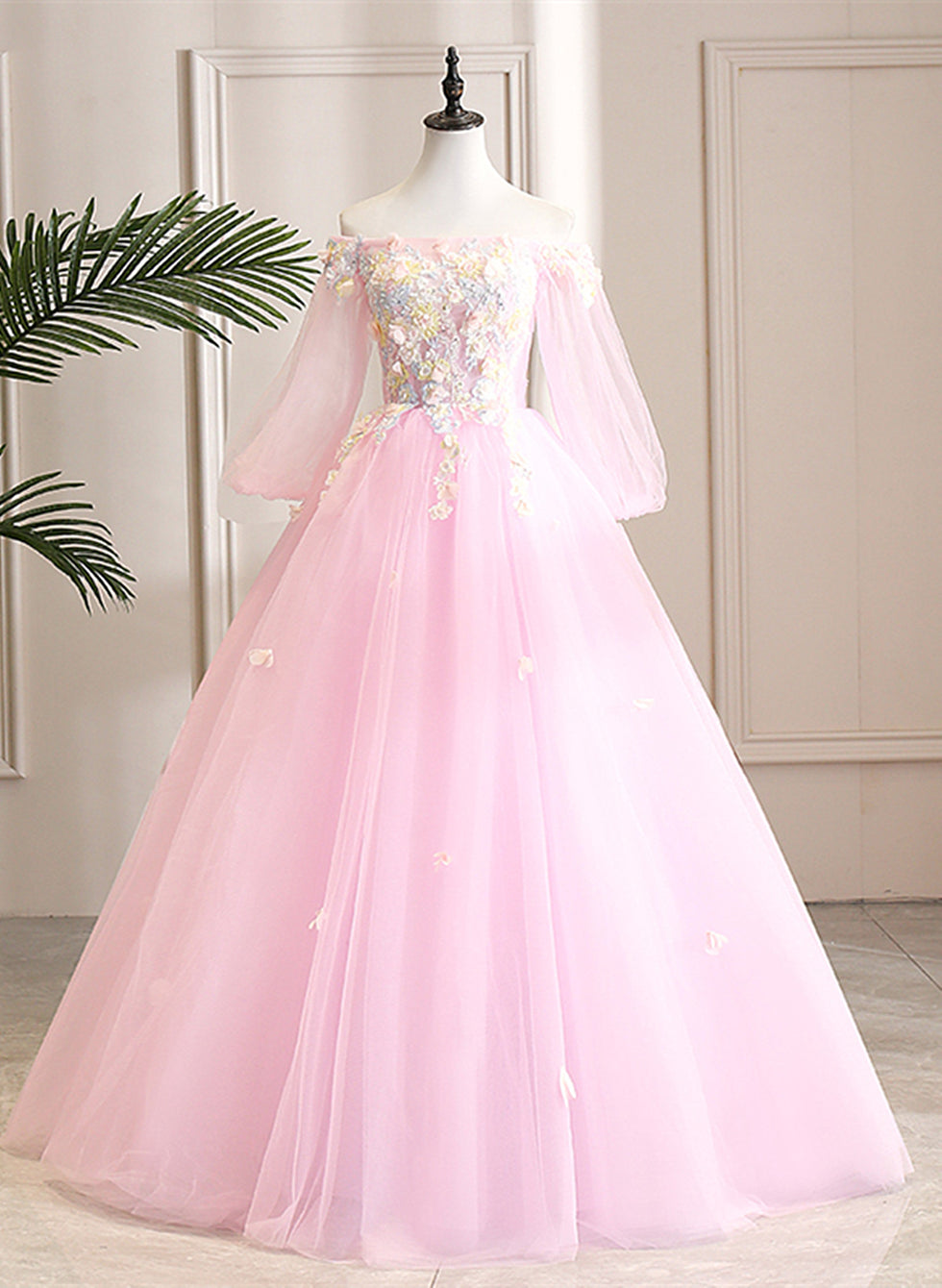 Pink Tulle Long Prom Dresses,Appropriate Color Matching Ball Gown Sweet 16 Dress