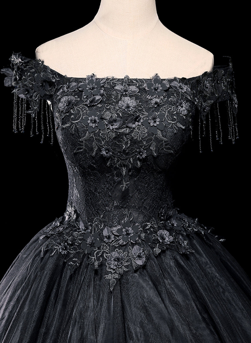 Black Tulle Off Shoulder with Lace Applique Party Dress, Black Tulle L – BeautyDressy
