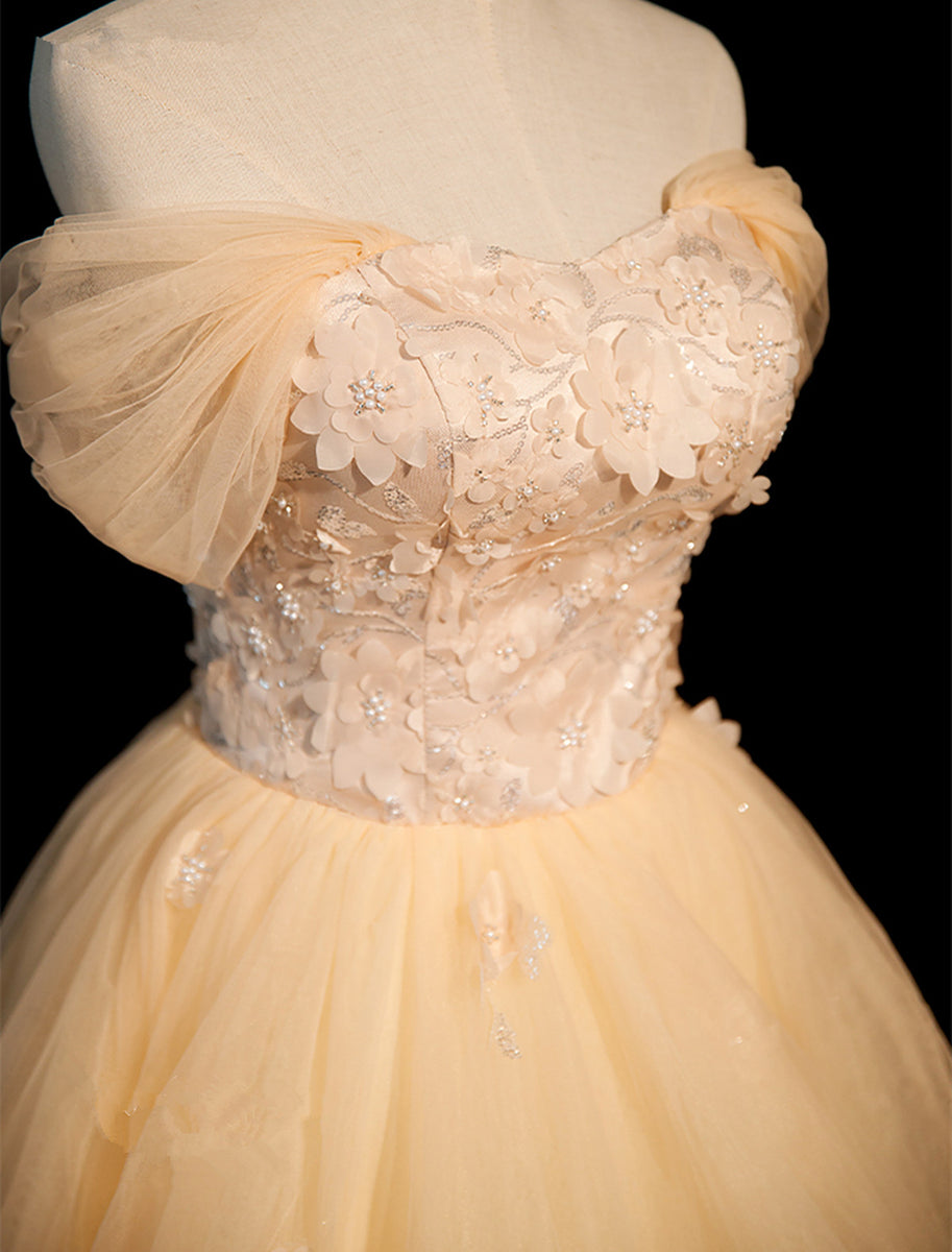 Champagne Off The Shoulder Tulle A Line Appliques Prom Dress