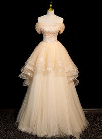 Charming A-line Tulle Light Champagne Party Dress, Junior Prom Dress