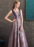 A-line Purple Tulle V-neckline with Lace Applique Prom Dress, Purple Tulle Evening Dress