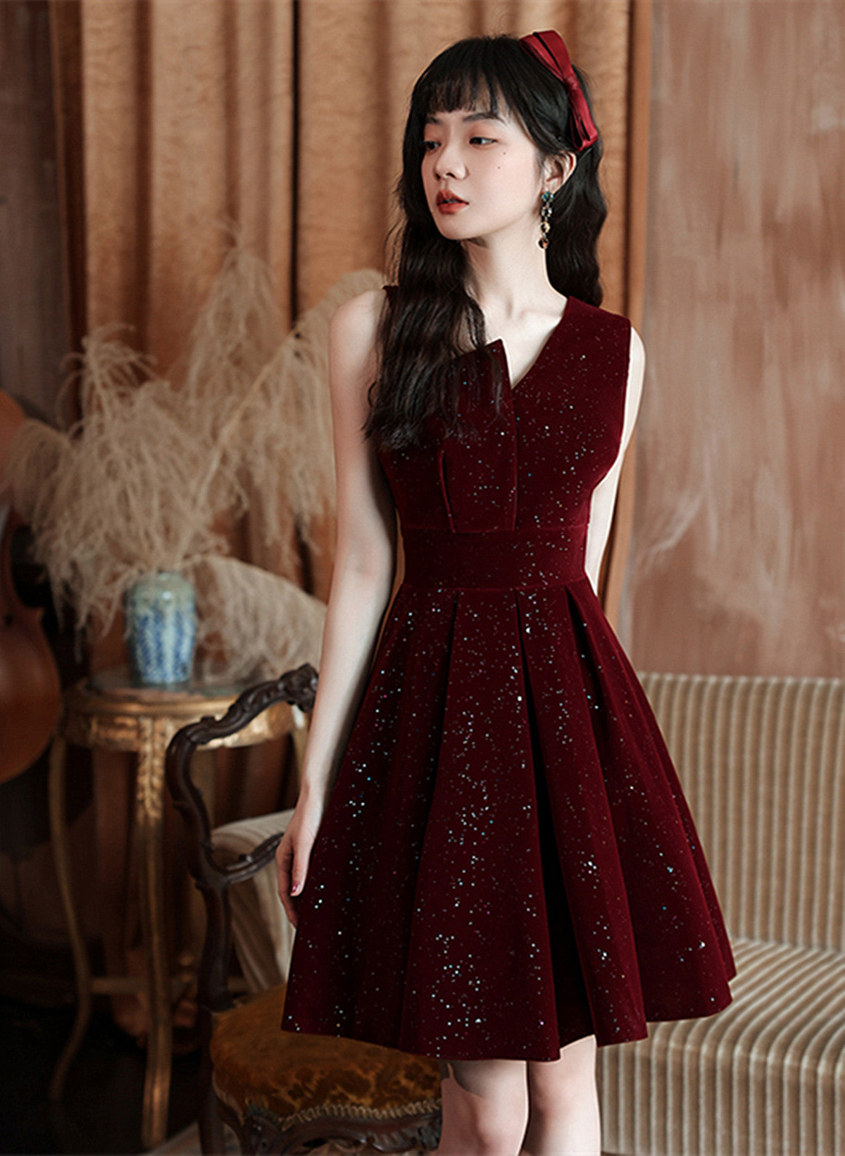 Wine Red Velvet Short Party Dress Homecoming Dress Wine Red