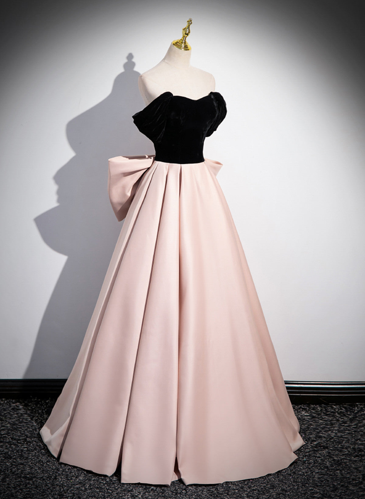 Pink and Black Off Shoulder Long Party Dress with Bow, Pink Long Eveni