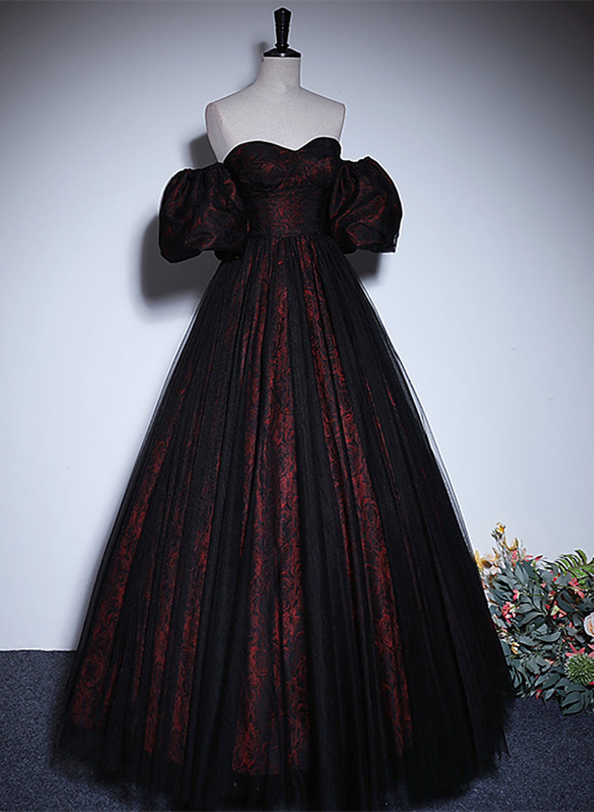 A-line Black and Red Lace Sweetheart Evening Dress, Black and Red Prom
