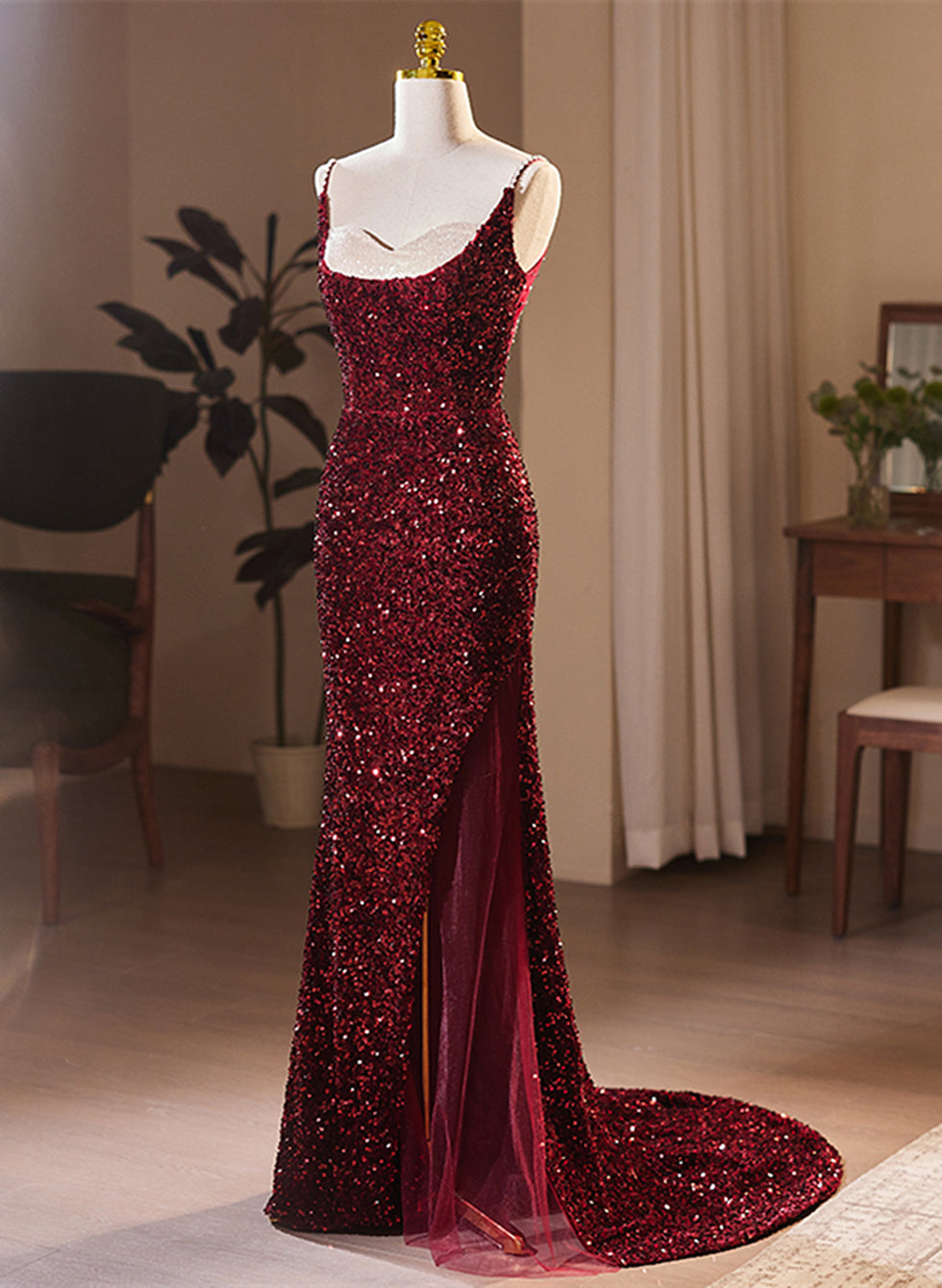 Wine Red Sequins Mermaid Long Formal Dress, Wine Red Evening Dress Par