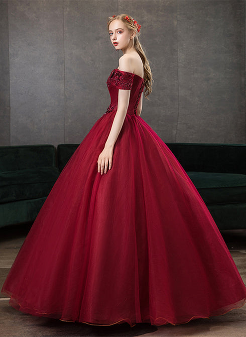 Gorgeous Wine Red Ball Gown Beaded Sweetheart Long Formal Dress, Dark Red Sweet 16 Dresses