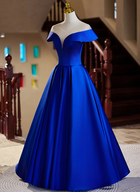 Royal blue satin long prom dress, backless long evening dress ,DS4009