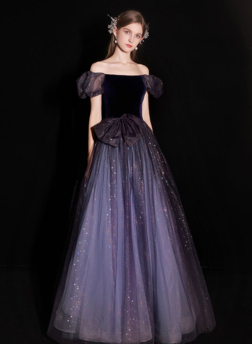 Charming Purple Short Sleeves Tulle Puffy Long Formal Dress Lovely Evening Dress Party Dress S26513