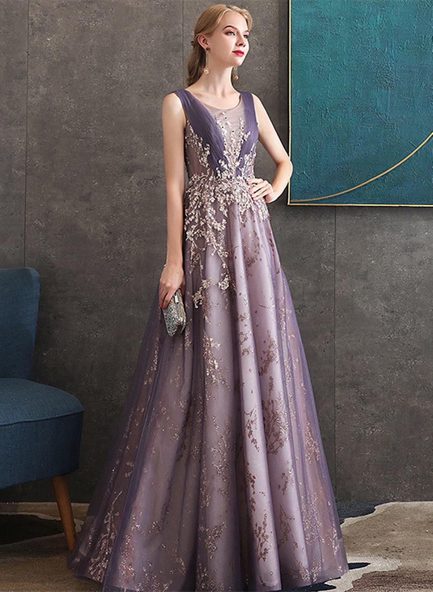Dark Purple Tulle With Lace Applique Long Wedding Party Dress, Purple Formal Dress main image 0