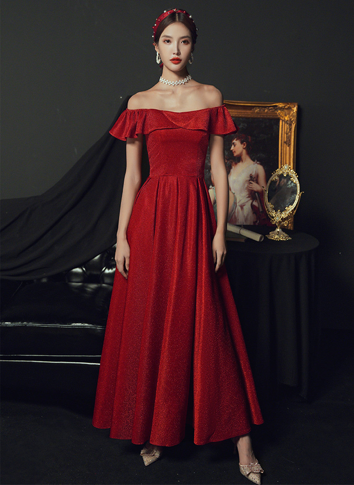 Red Off Shoulder A-line Long Party Dress Formal Dress, Red Long Prom D
