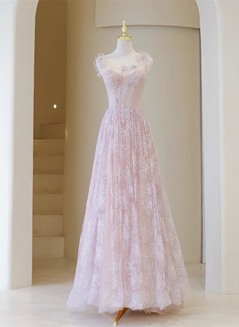 Light Pink Round Neckline Lace Long Prom Dress, A-line Pink Floor Leng