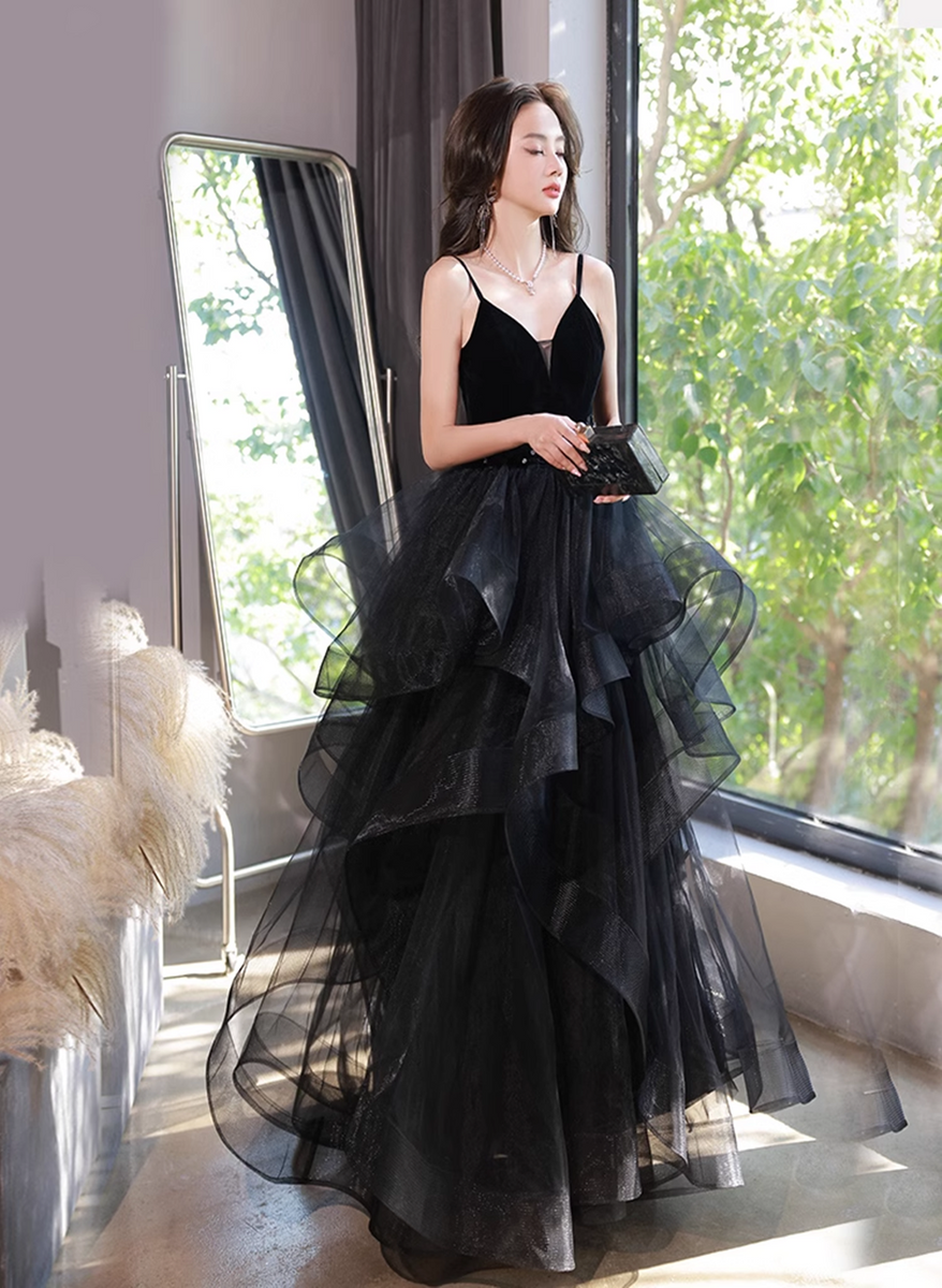 Black Tulle Straps V-neckline Beaded Long Formal Dress, Black A-line P