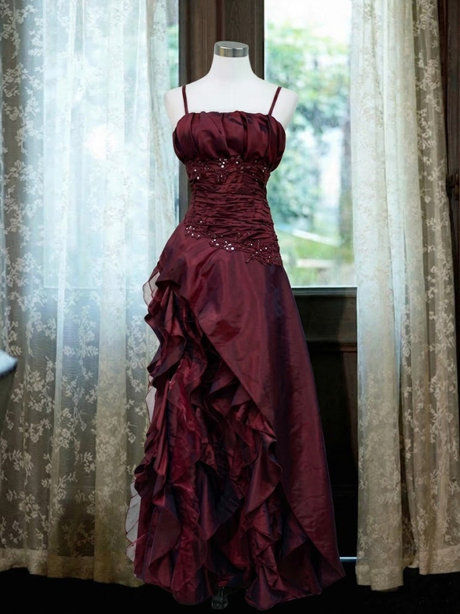 Wine Red Spaghetti Straps A-line Taffeta Long Prom Dresses, Elegant Fl ...