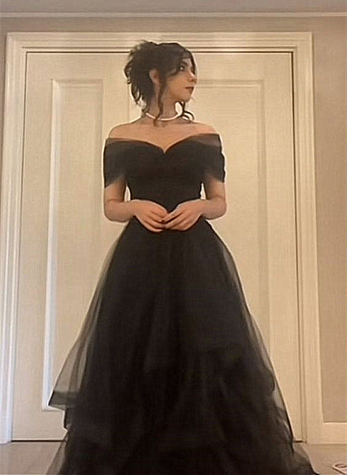 Black Long Sleeves Velvet ane Tulle Long Party Derss, Black Off Shoulder Prom Dress