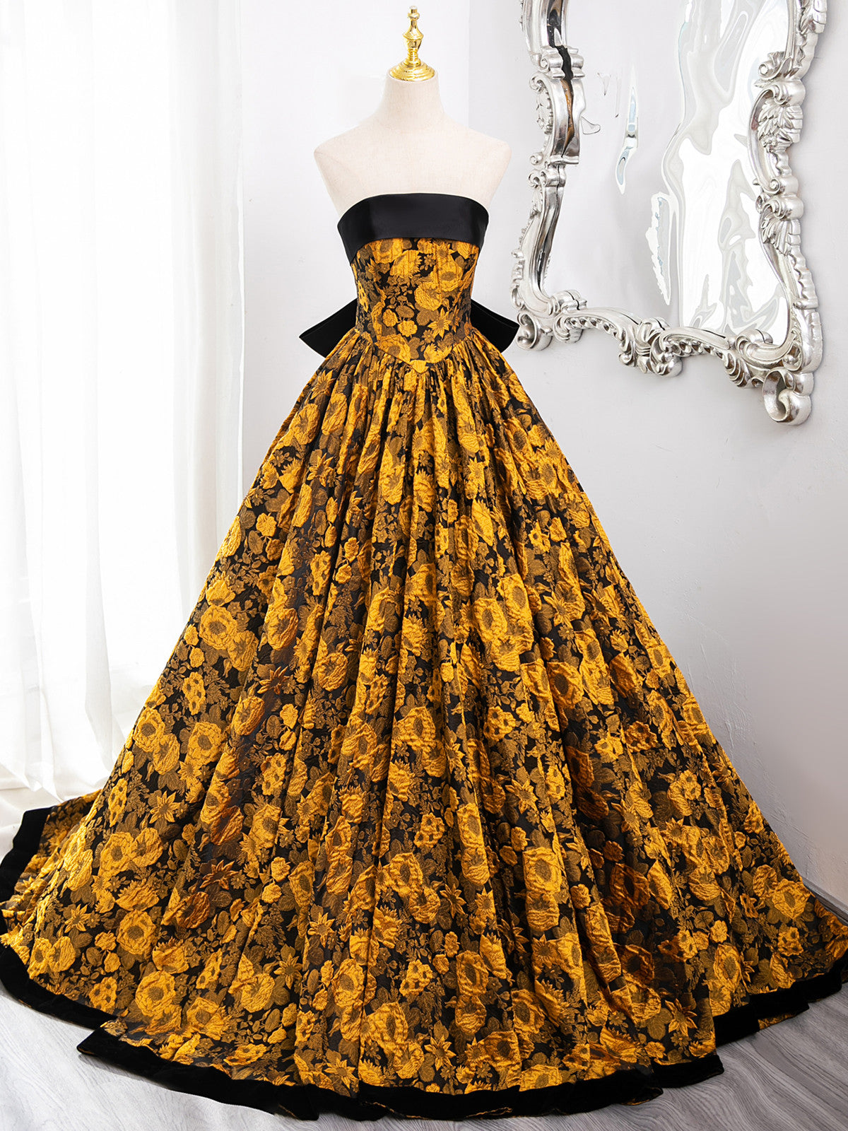 Gold Floral Satin Scoop Ball Gown Prom Dress with Bow, Gold Satin Party Dress US Size 8 / Gold