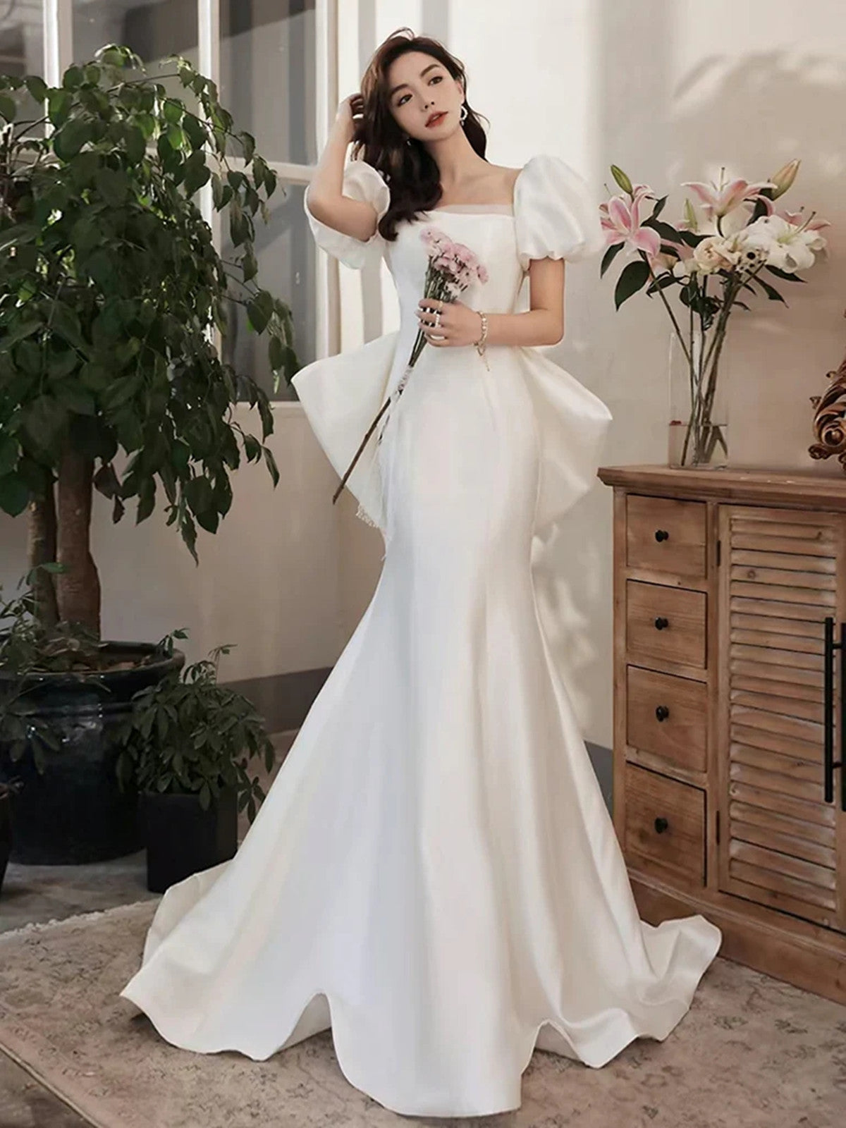 white mermaid dress short White Mermaid Satin Puffy Short Sleeves Prom Dress, White Satin Wedding Party Dress US 12 / White