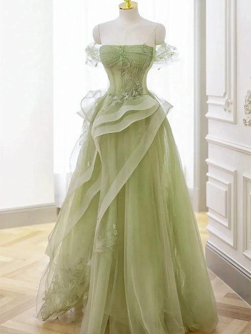 Dark Green Tulle Beaded Off Shoulder Long Party Dresses