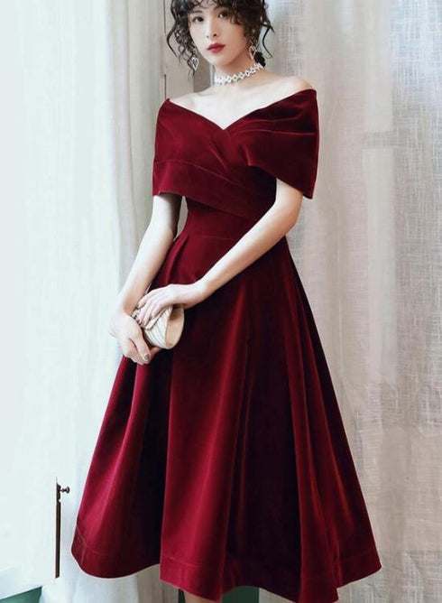 Wine Red Velvet Tea Length Homecoming Dress, Dark Red Party Dresses ...