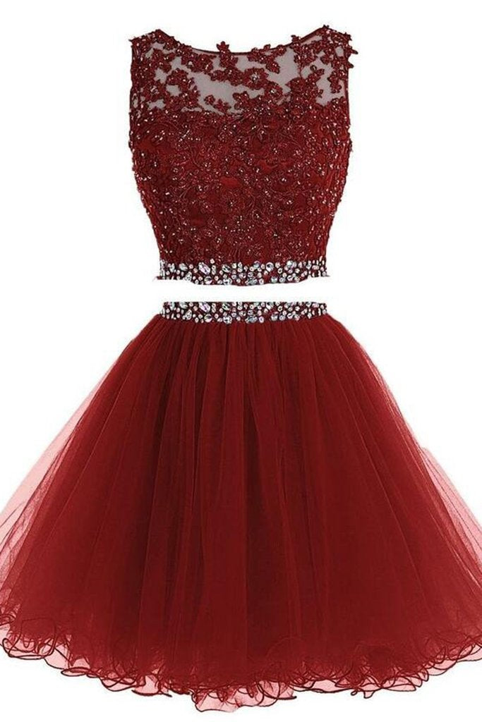 two piece short prom dresses Lovely Two Piece Tulle with Lace Applique, Short Prom Dress US size 12 / Wine Red