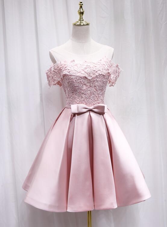 Pink Off Shoulder Satin Party Dress Cute Homecoming Dress, DP2266