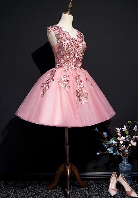 Beautiful Pink Tulle Flowers Homecoming Dress, Short Pink Teen Formal